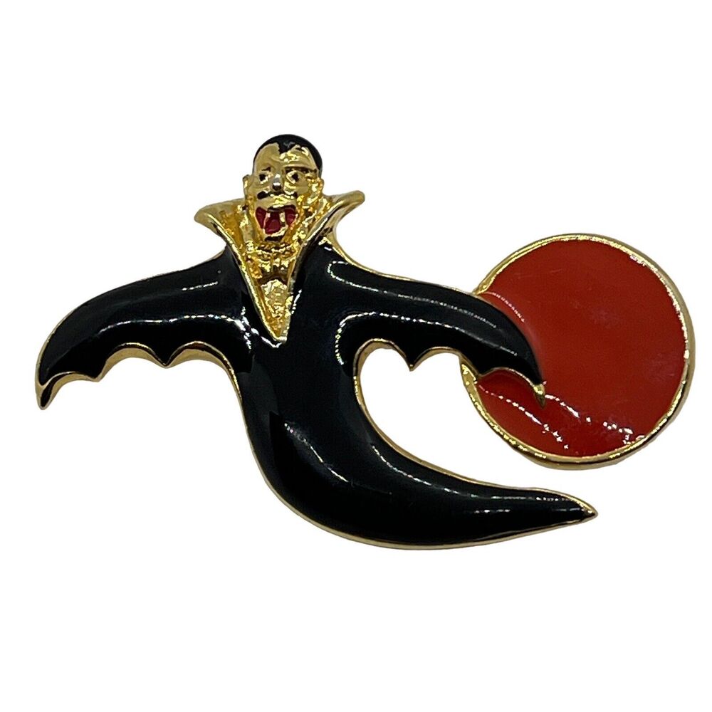 Dracula Brooch Pin SFJ Vintage Enamel Kitsch Novelty Gold Tone Orange Black